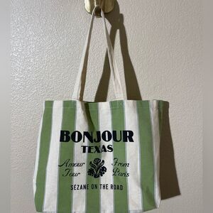 Sezane Green and White Striped Tote Bag